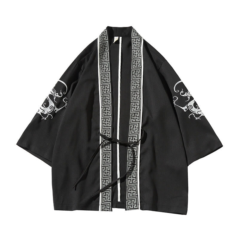 Embroidery Dragon Phoenix Auspicious Cloud Waves Leaves Cranes Open Front Jacket Men's Kimono