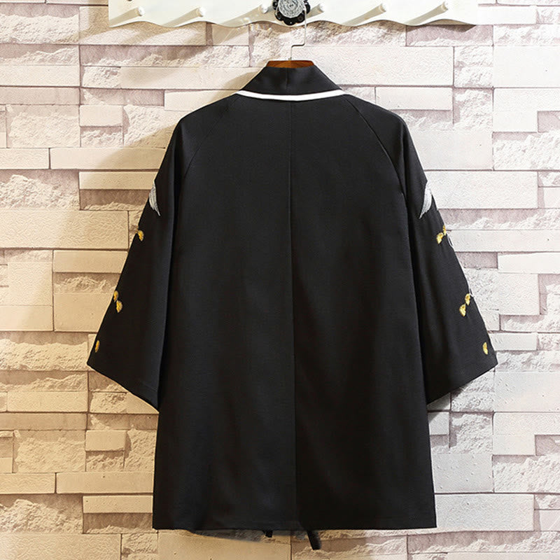 Embroidery Dragon Phoenix Auspicious Cloud Waves Leaves Cranes Open Front Jacket Men's Kimono