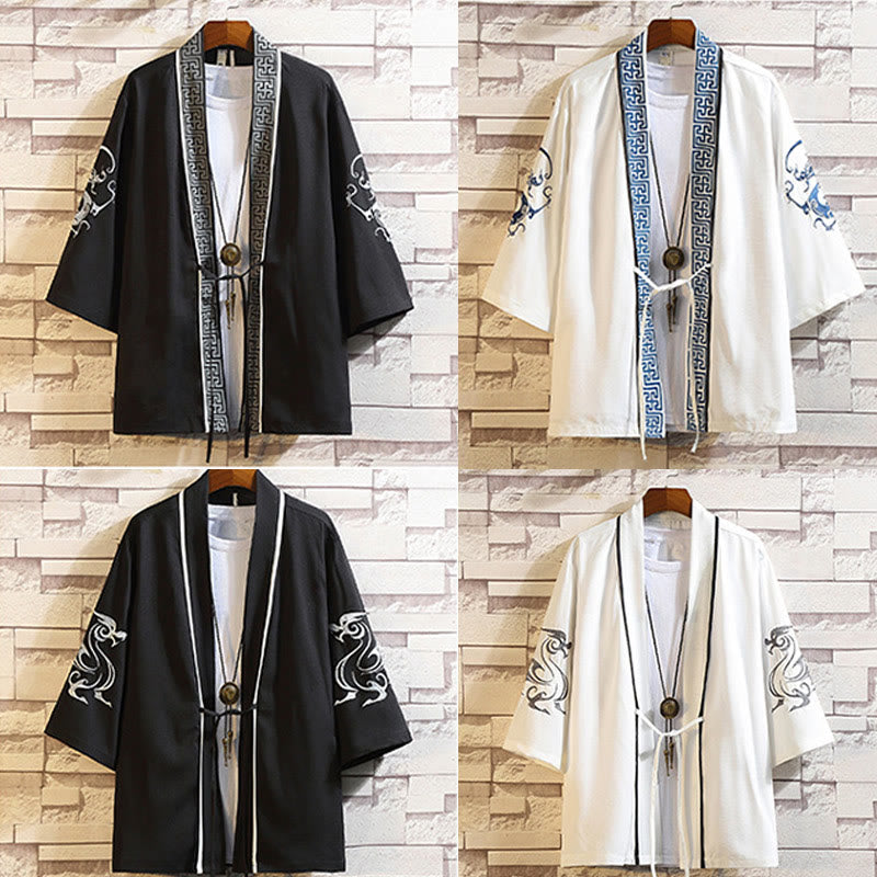Embroidery Dragon Phoenix Auspicious Cloud Waves Leaves Cranes Open Front Jacket Men's Kimono