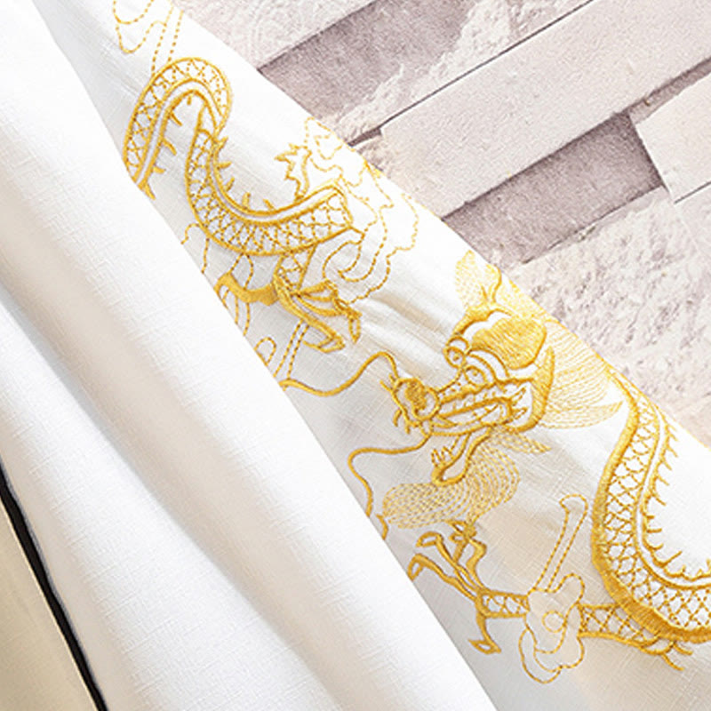 Embroidery Dragon Phoenix Auspicious Cloud Waves Leaves Cranes Open Front Jacket Men's Kimono