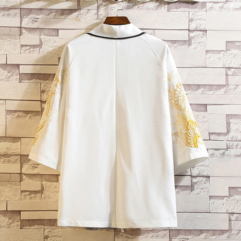 Embroidery Dragon Phoenix Auspicious Cloud Waves Leaves Cranes Open Front Jacket Men's Kimono