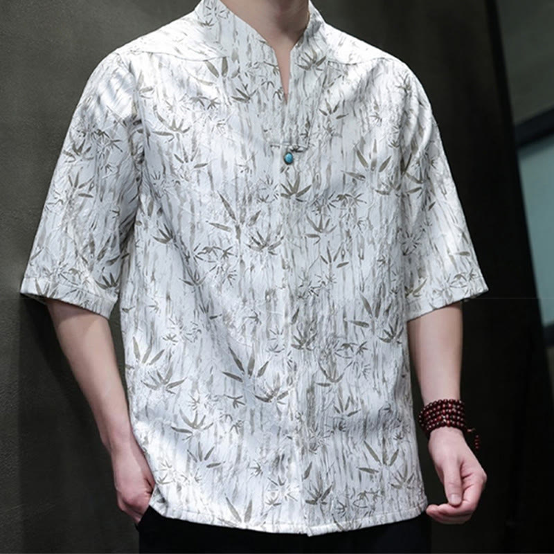 Linen Stand Collar Half Sleeve Mindful Meditation Shirt