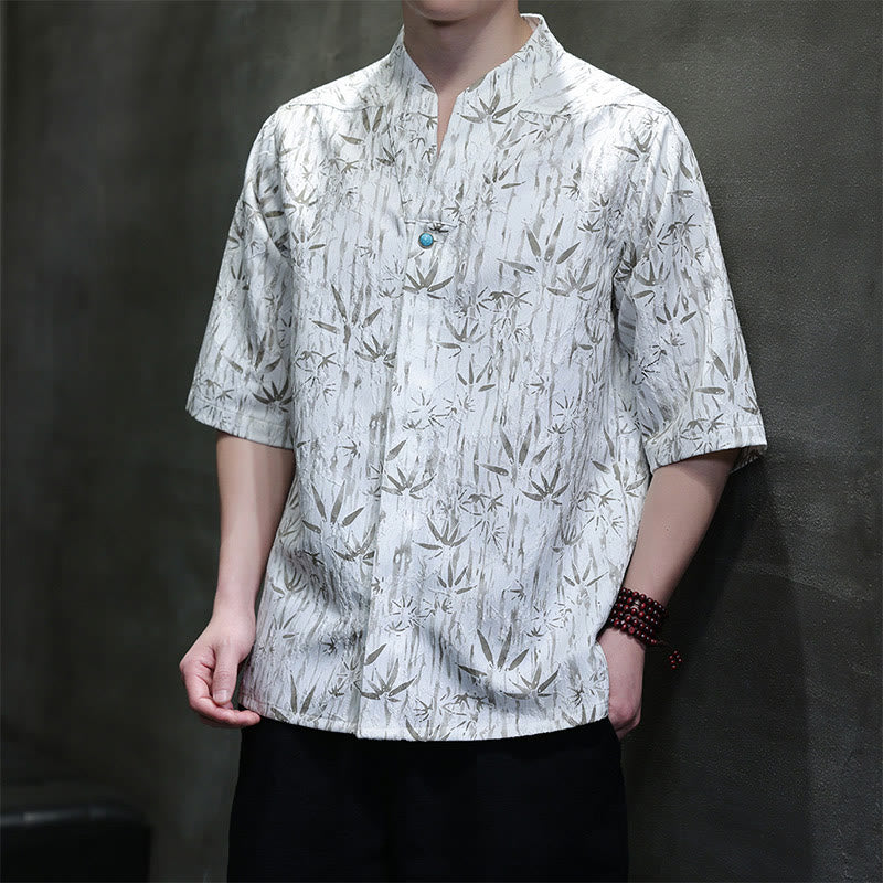 Linen Stand Collar Half Sleeve Mindful Meditation Shirt