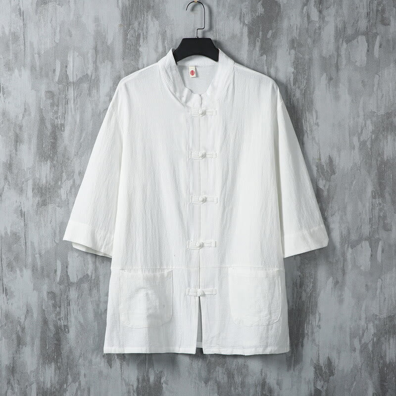 Linen Stand-Collar Frog-Button Men's Meditation Shirt