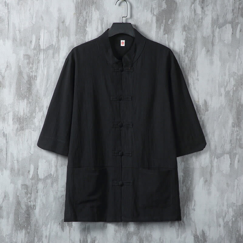 Linen Stand-Collar Frog-Button Men's Meditation Shirt