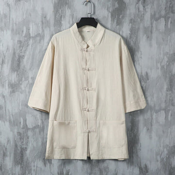 Linen Stand-Collar Frog-Button Men's Meditation Shirt