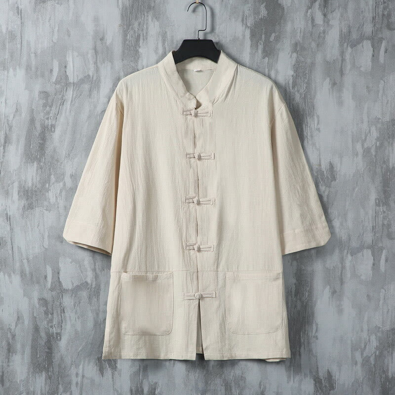 Linen Stand-Collar Frog-Button Men's Meditation Shirt