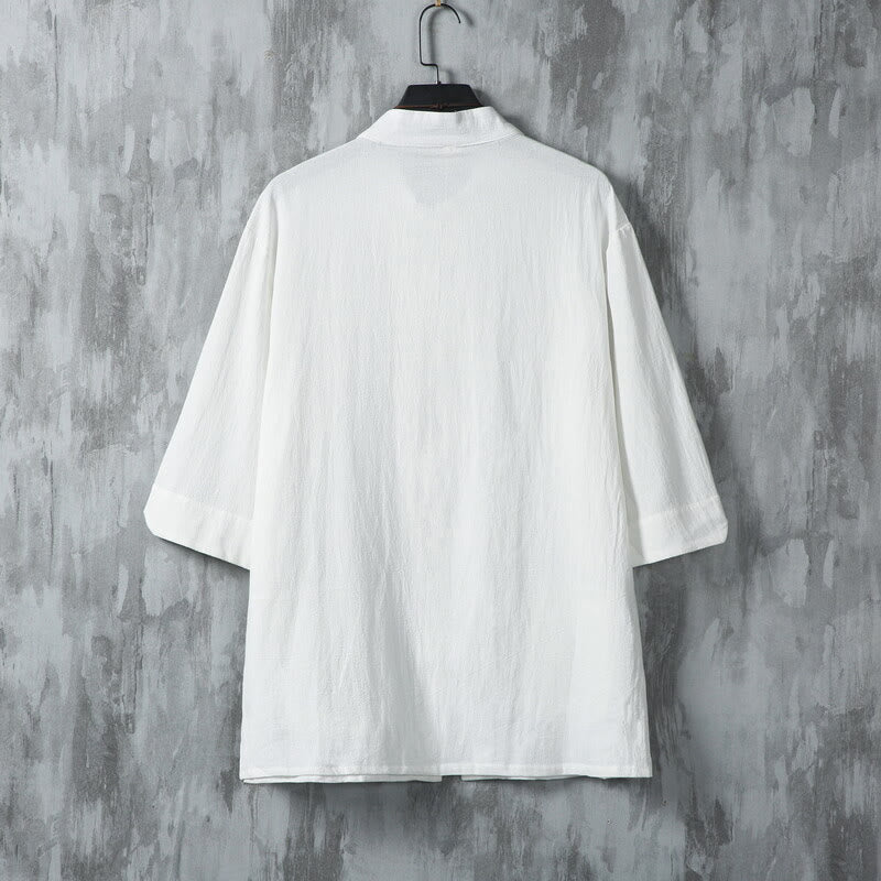 Linen Stand-Collar Frog-Button Men's Meditation Shirt