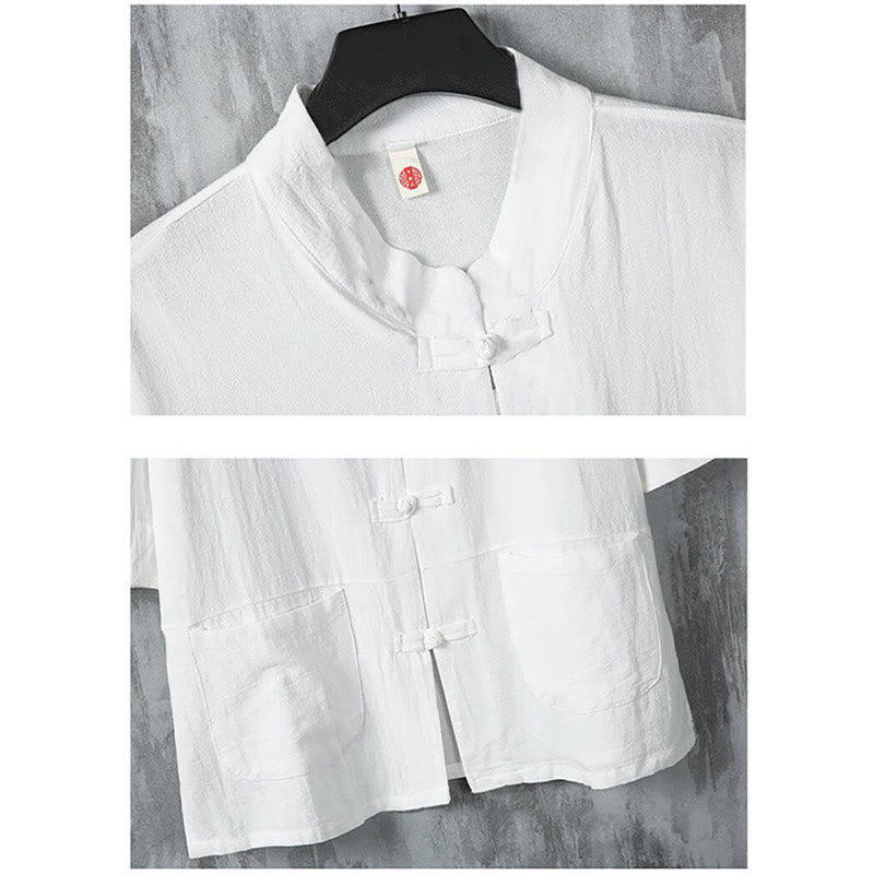 Linen Stand-Collar Frog-Button Men's Meditation Shirt