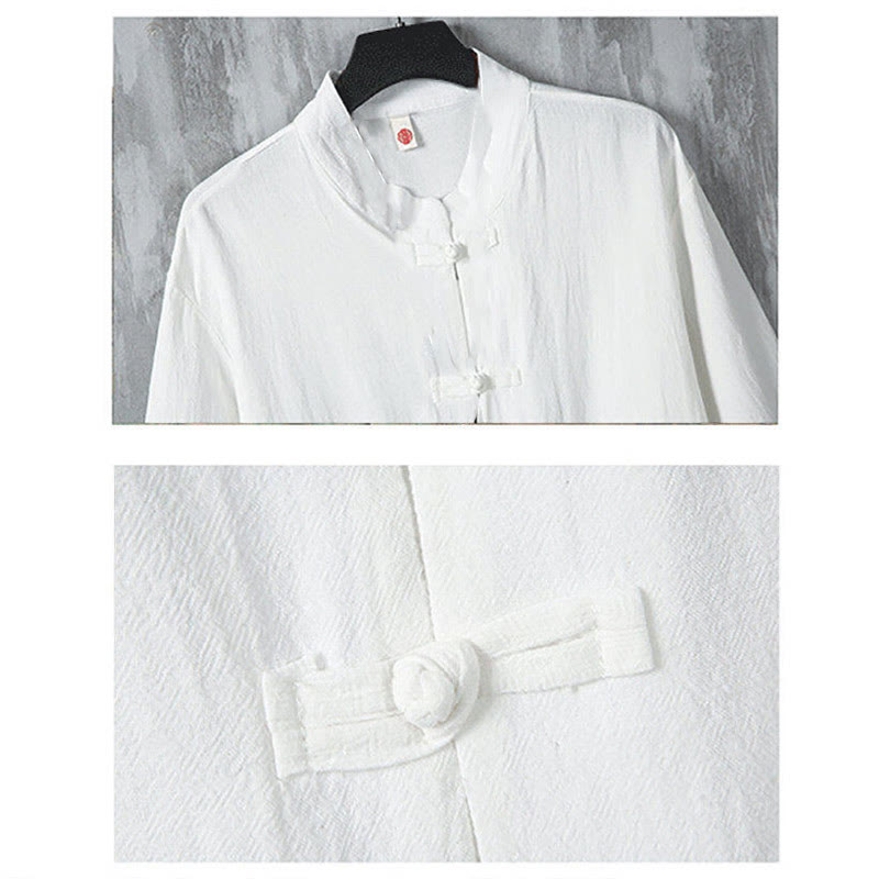 Linen Stand-Collar Frog-Button Men's Meditation Shirt