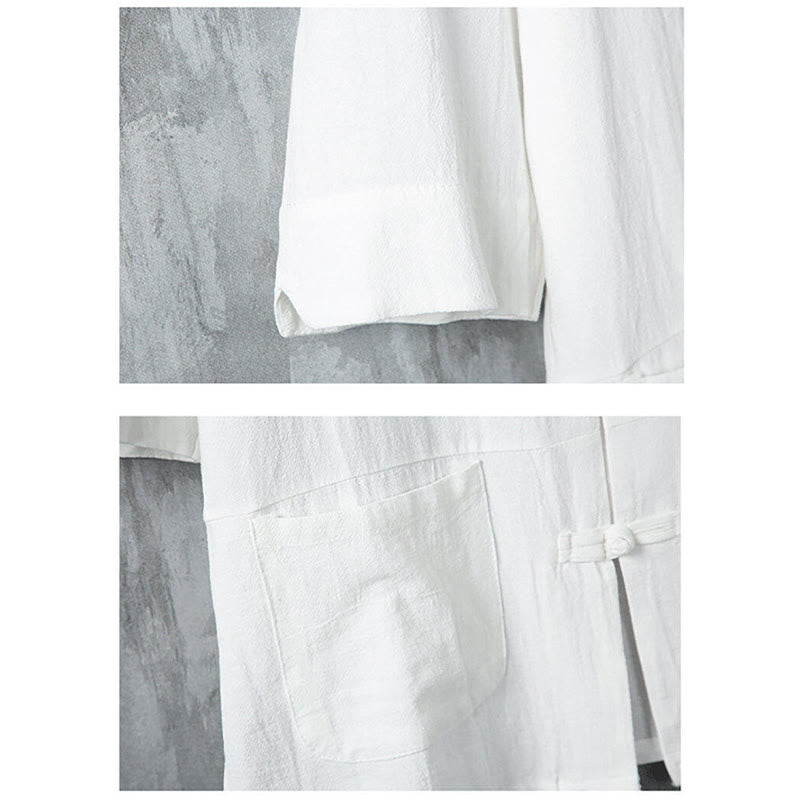Linen Stand-Collar Frog-Button Men's Meditation Shirt