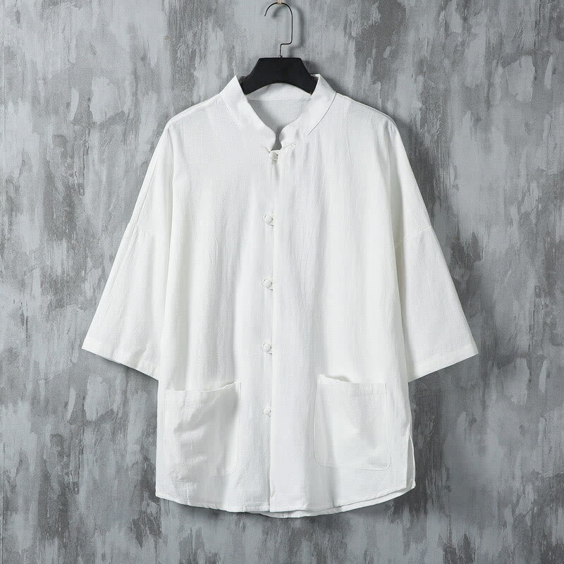 Tactile Linen Stand Collar Frog Button Mindful Men's Shirt