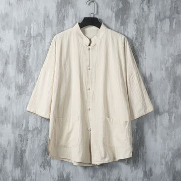 Tactile Linen Stand Collar Frog Button Mindful Men's Shirt