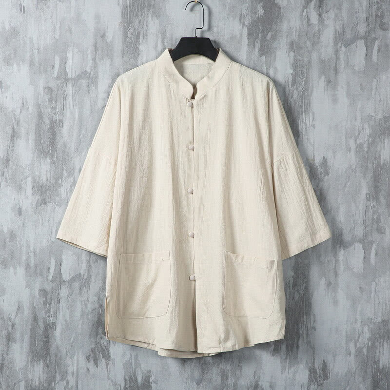 Tactile Linen Stand Collar Frog Button Mindful Men's Shirt