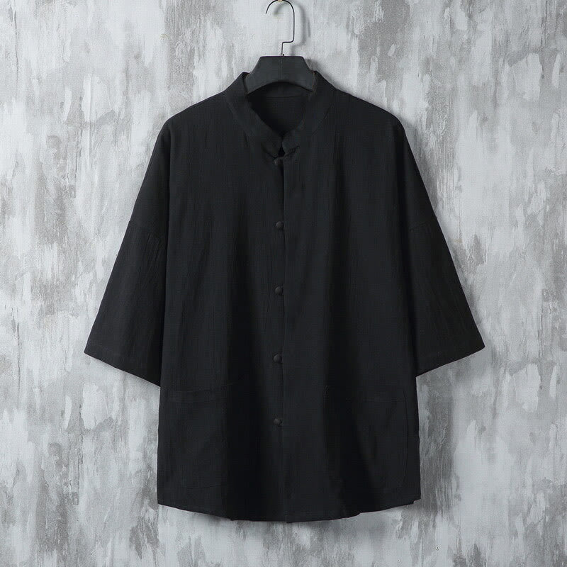 Tactile Linen Stand Collar Frog Button Mindful Men's Shirt