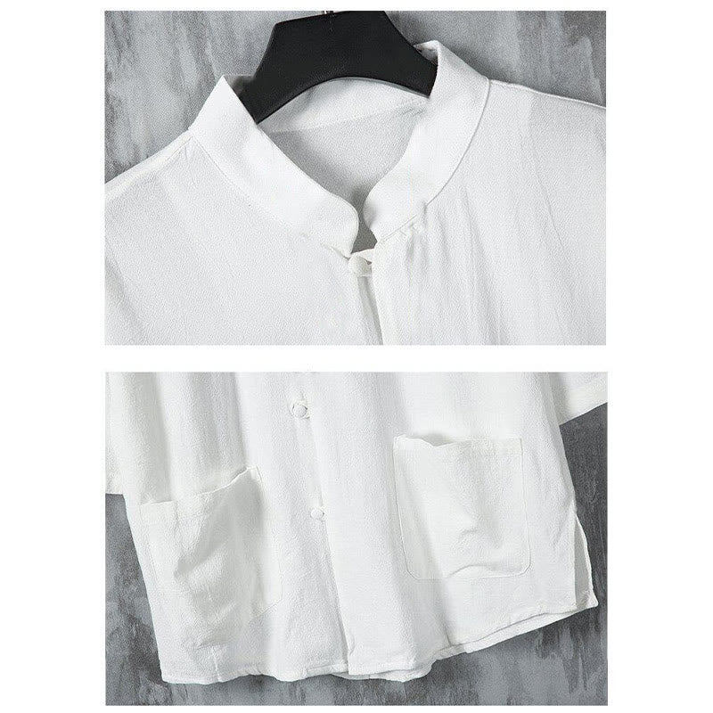 Tactile Linen Stand Collar Frog Button Mindful Men's Shirt