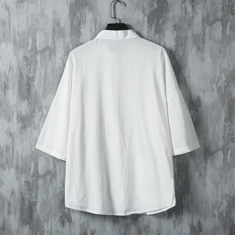 Tactile Linen Stand Collar Frog Button Mindful Men's Shirt