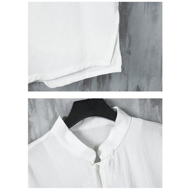Tactile Linen Stand Collar Frog Button Mindful Men's Shirt