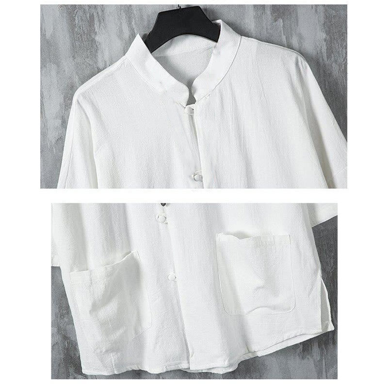 Tactile Linen Stand Collar Frog Button Mindful Men's Shirt