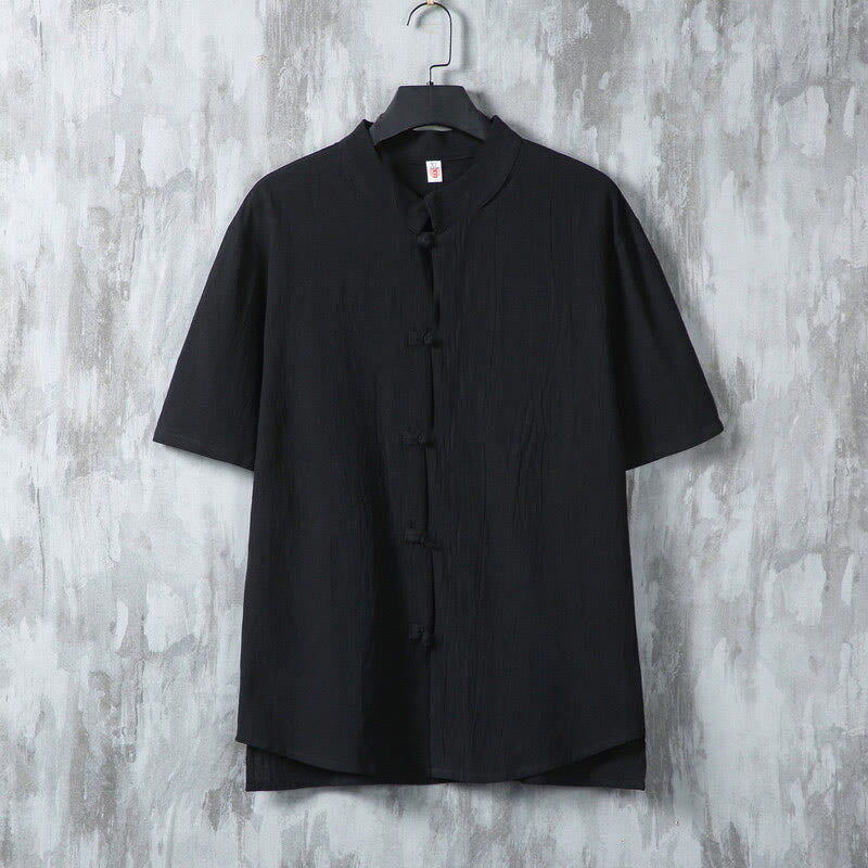 Summer Plain Tang Suit Frog-Button Design Men's Short Sleeve Cotton Shirt