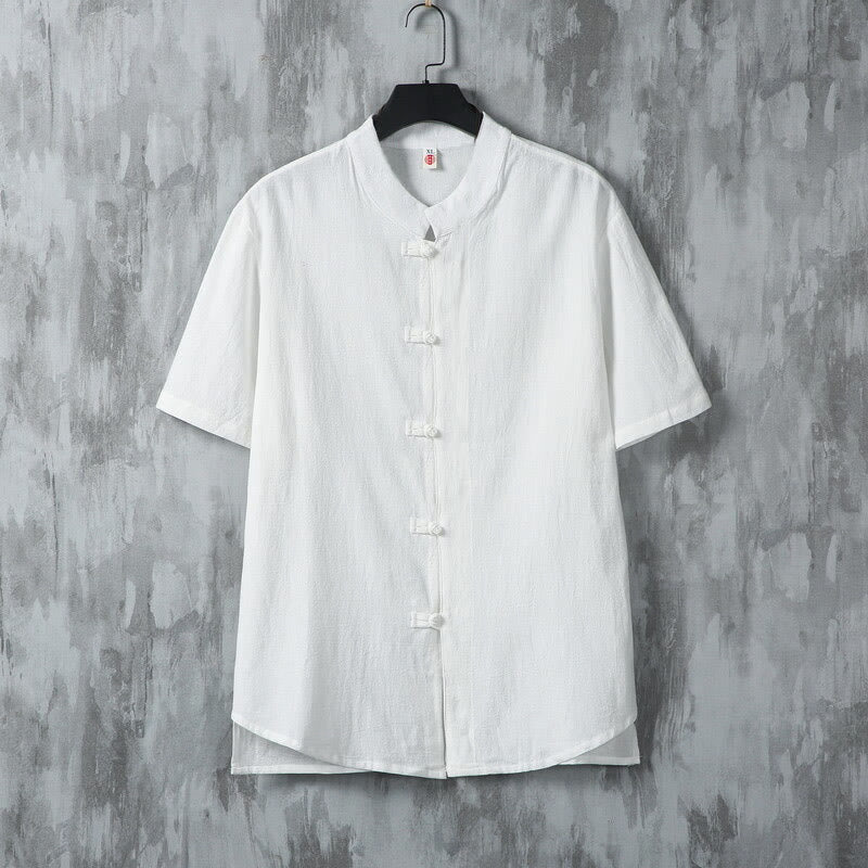 Summer Plain Tang Suit Frog-Button Design Men's Short Sleeve Cotton Shirt