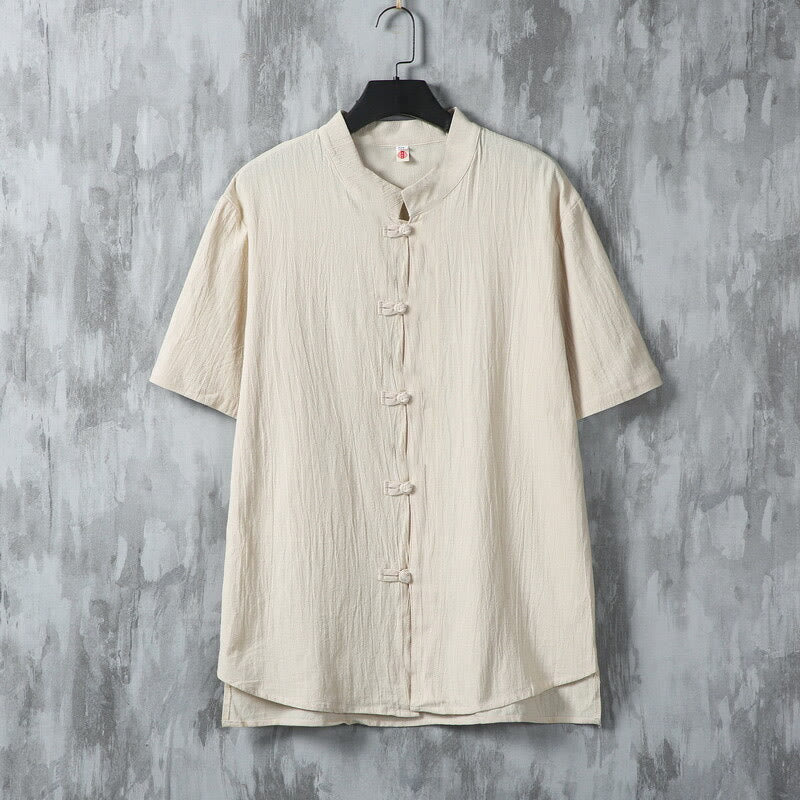 Summer Plain Tang Suit Frog-Button Design Men's Short Sleeve Cotton Shirt