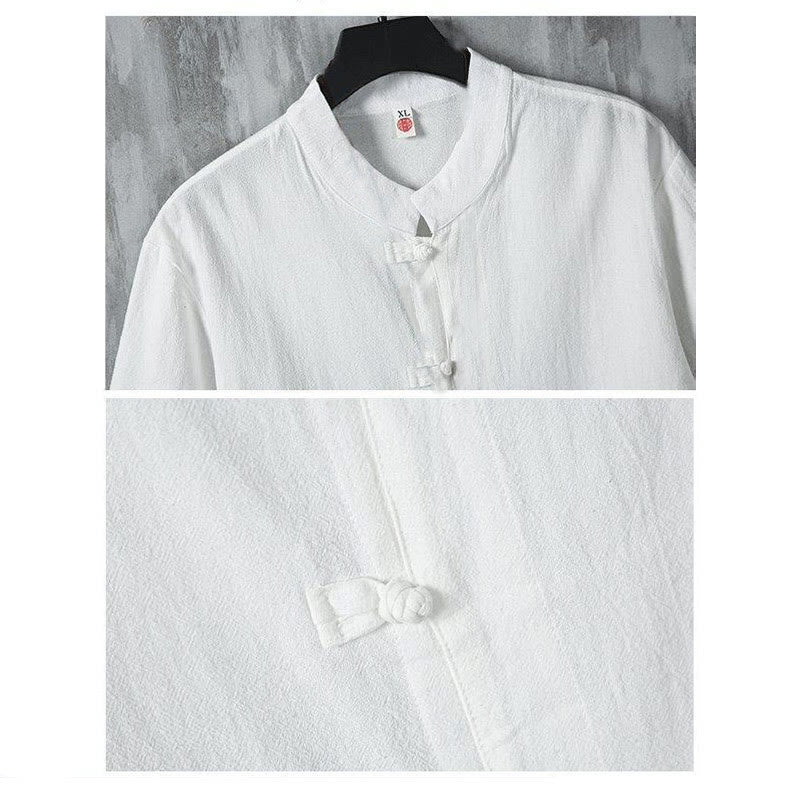 Summer Plain Tang Suit Frog-Button Design Men's Short Sleeve Cotton Shirt