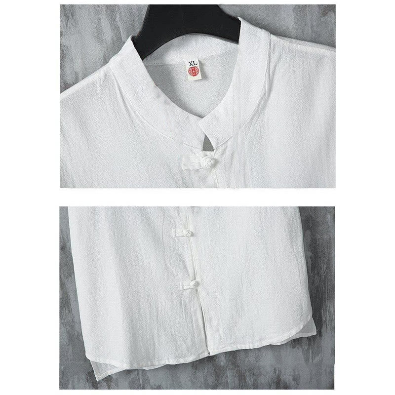 Summer Plain Tang Suit Frog-Button Design Men's Short Sleeve Cotton Shirt