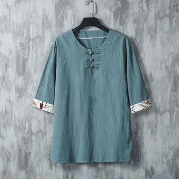 Breathable Linen Bamboo Print Half-Sleeve Meditation Men's Shirt