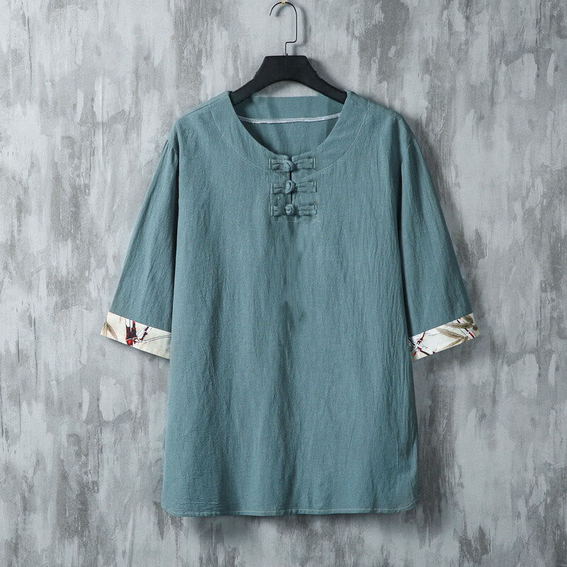 Breathable Linen Bamboo Print Half-Sleeve Meditation Men's Shirt