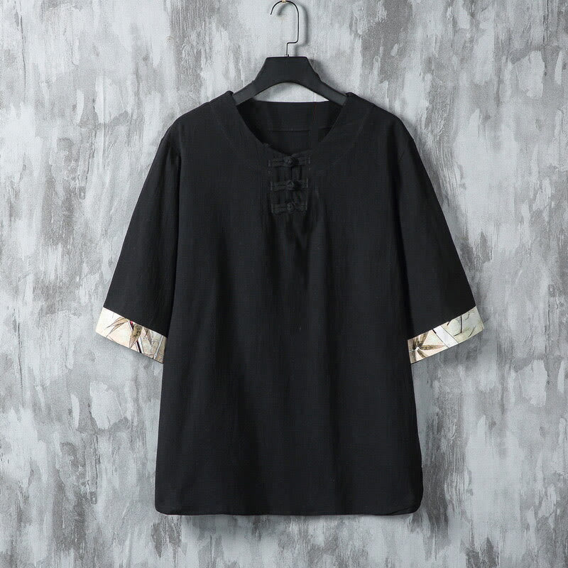 Breathable Linen Bamboo Print Half-Sleeve Meditation Men's Shirt