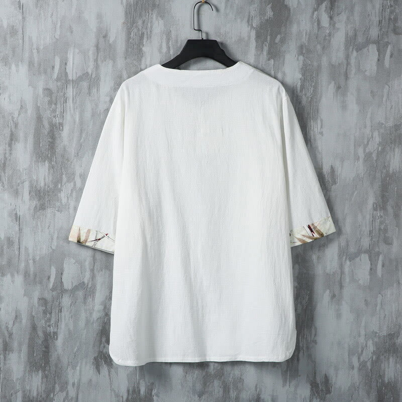 Breathable Linen Bamboo Print Half-Sleeve Meditation Men's Shirt