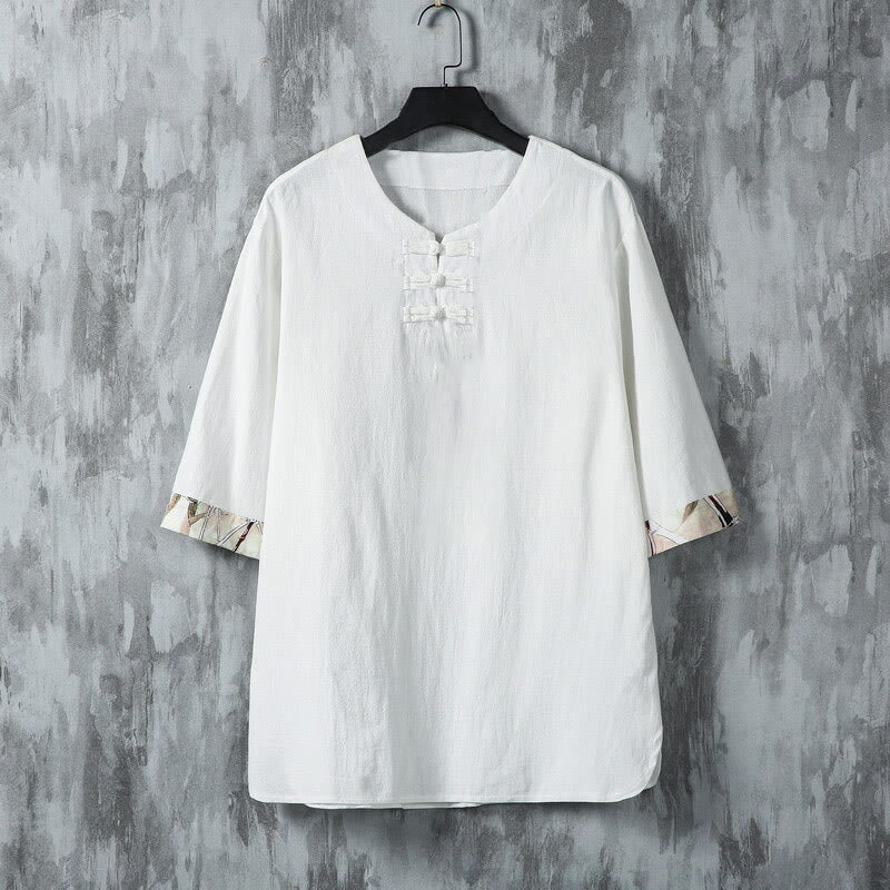 Breathable Linen Bamboo Print Half-Sleeve Meditation Men's Shirt