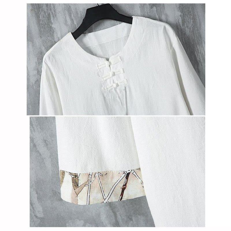 Breathable Linen Bamboo Print Half-Sleeve Meditation Men's Shirt