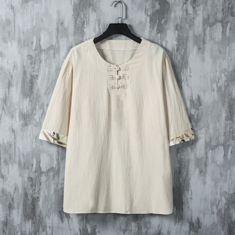 Breathable Linen Bamboo Print Half-Sleeve Meditation Men's Shirt