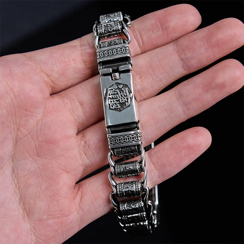 Tibetan Copper Buckle Bracelet with Rotating Prayer Wheel, Heart Sutra & Pixiu
