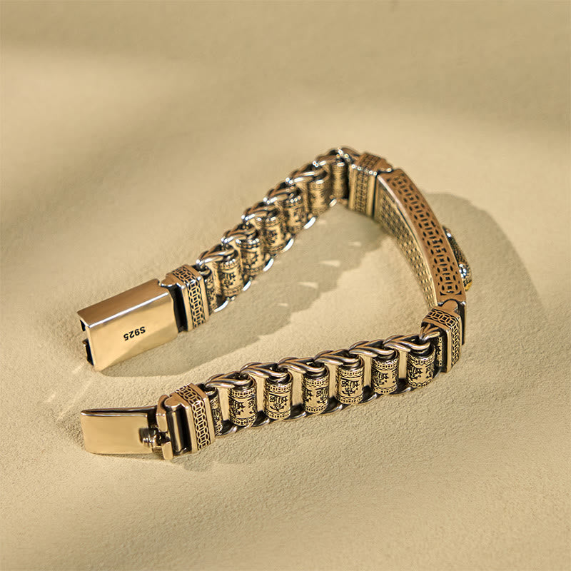 Tibetan Copper Buckle Bracelet with Rotating Prayer Wheel, Heart Sutra & Pixiu