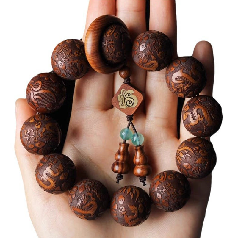 Hand-Carved Rosewood Dragon and Phoenix Wu Lou Fu Prosperity Beaded Bracelet