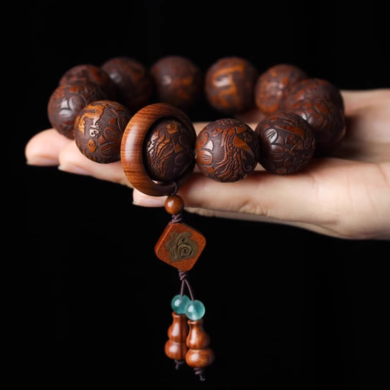 Hand-Carved Rosewood Dragon and Phoenix Wu Lou Fu Prosperity Beaded Bracelet