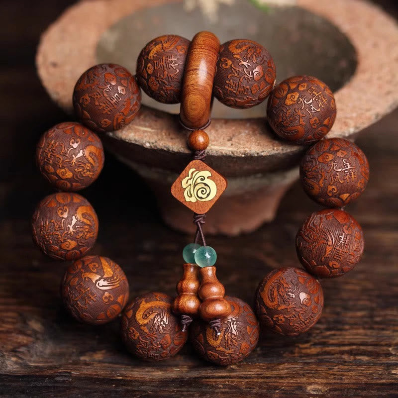 Hand-Carved Rosewood Dragon and Phoenix Wu Lou Fu Prosperity Beaded Bracelet