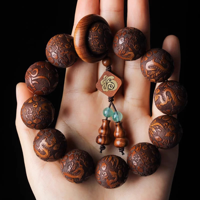 Hand-Carved Rosewood Dragon and Phoenix Wu Lou Fu Prosperity Beaded Bracelet