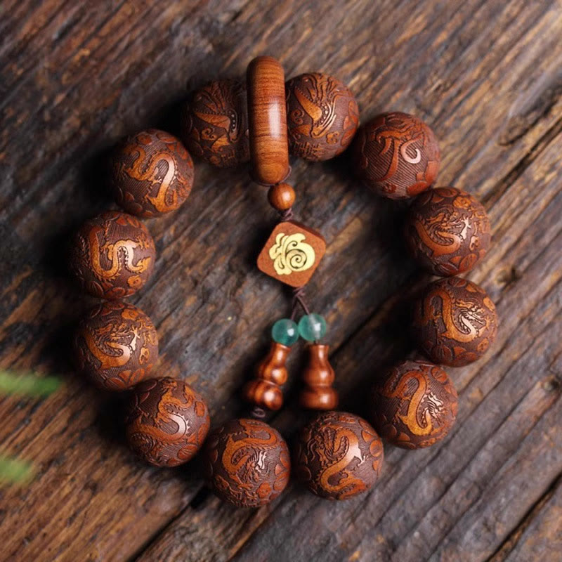 Hand-Carved Rosewood Dragon and Phoenix Wu Lou Fu Prosperity Beaded Bracelet