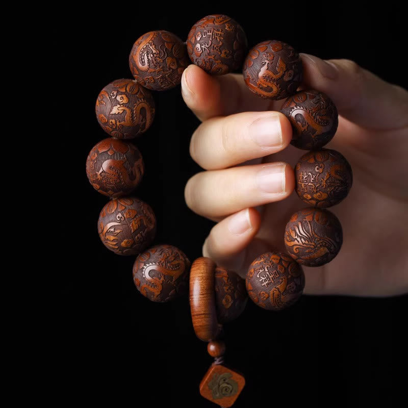 Hand-Carved Rosewood Dragon and Phoenix Wu Lou Fu Prosperity Beaded Bracelet