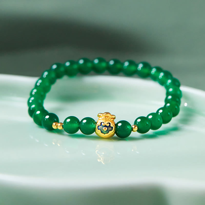 999 Sterling Silver Wealth Bag Bracelet with Natural Green Chalcedony