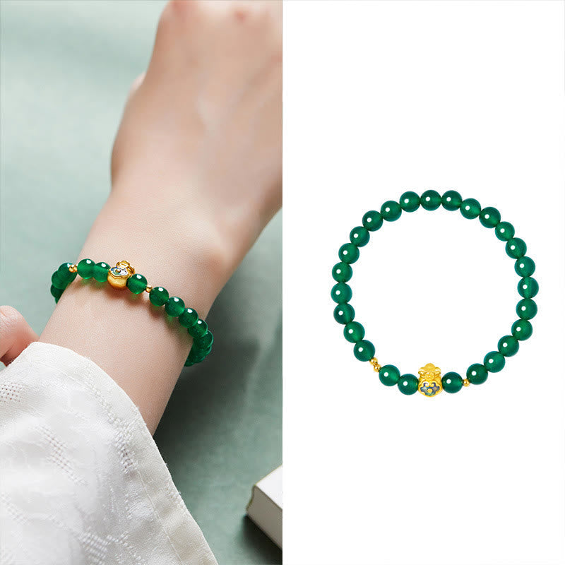 999 Sterling Silver Wealth Bag Bracelet with Natural Green Chalcedony