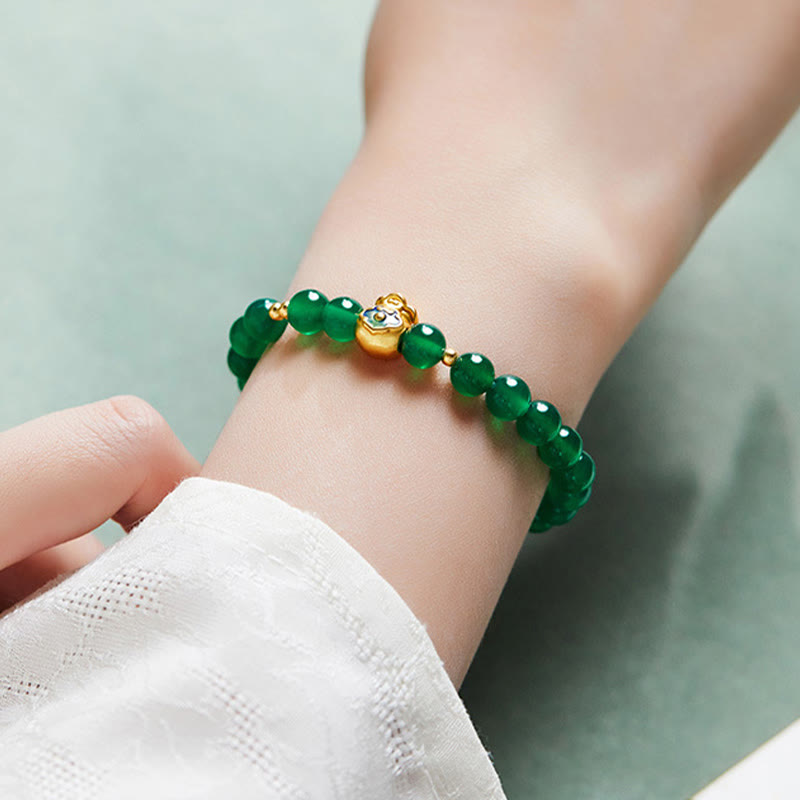 999 Sterling Silver Wealth Bag Bracelet with Natural Green Chalcedony