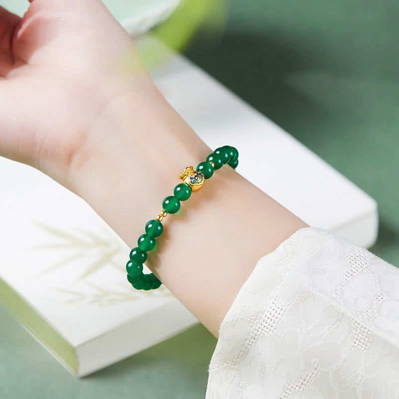 999 Sterling Silver Wealth Bag Bracelet with Natural Green Chalcedony