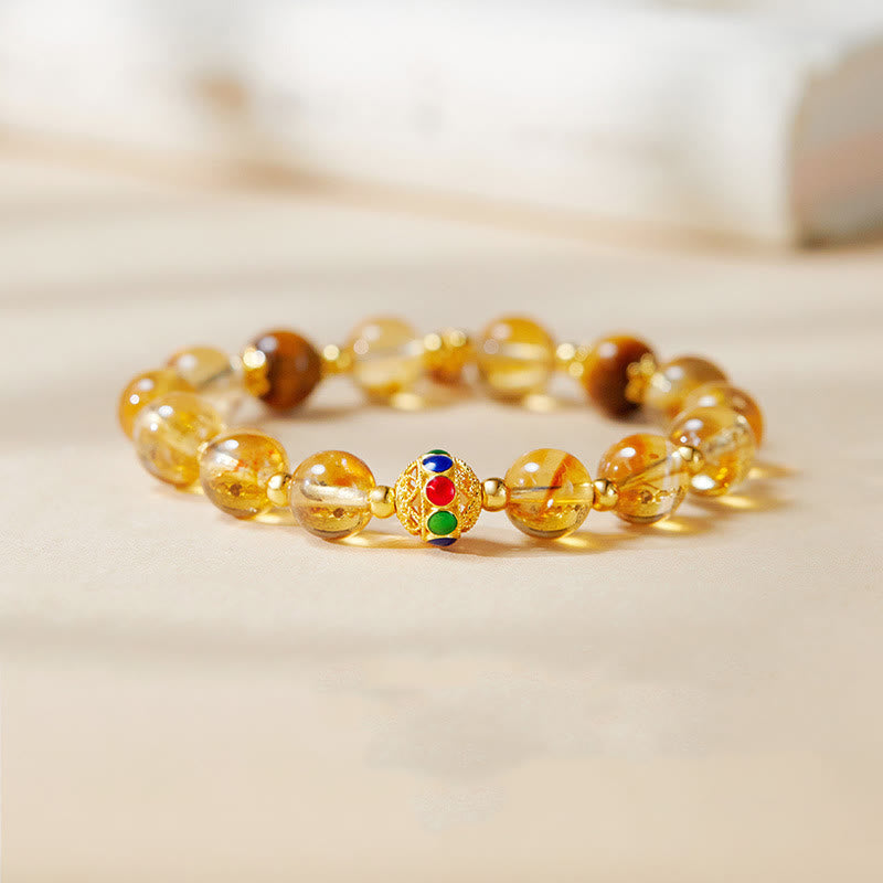 925 Sterling Silver Fu Character Citrine & Tiger Eye Beaded Bracelet