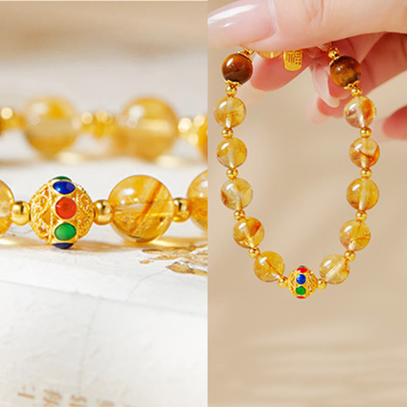 925 Sterling Silver Fu Character Citrine & Tiger Eye Beaded Bracelet