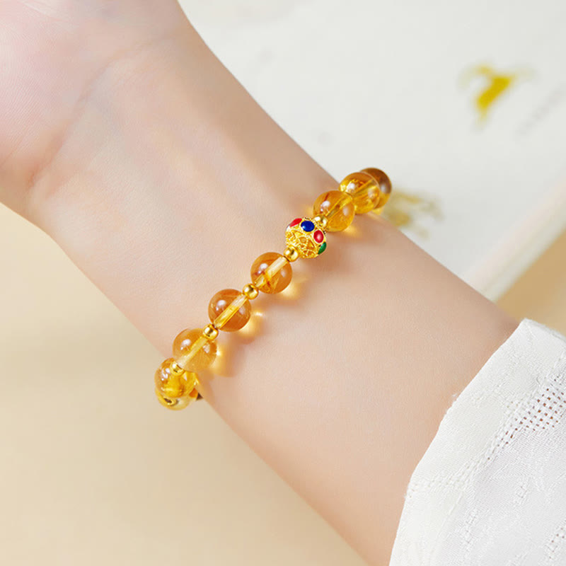 925 Sterling Silver Fu Character Citrine & Tiger Eye Beaded Bracelet